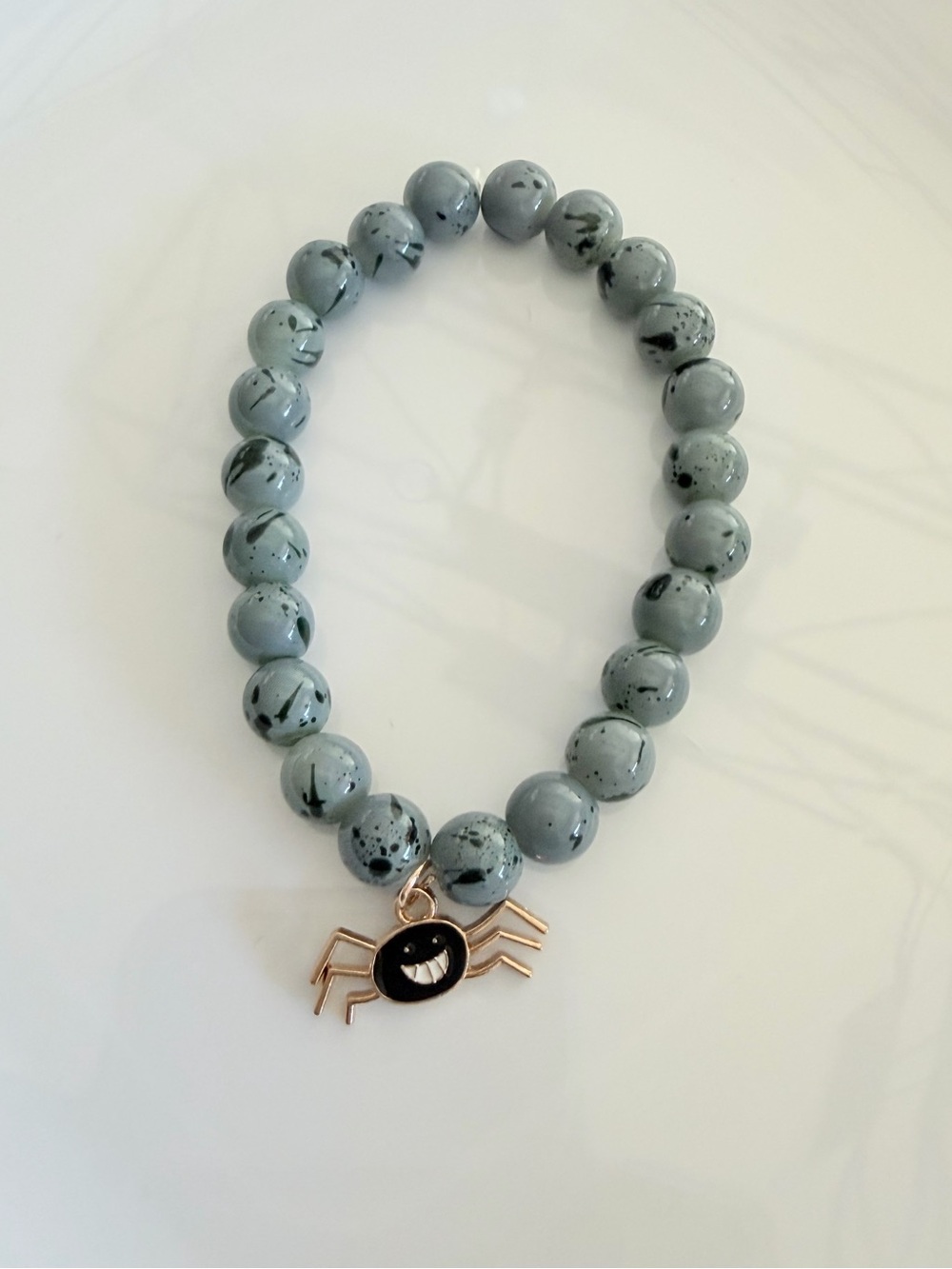 Gray Beaded Bracelet with Spider Charm Handmade Novelty Jewelry